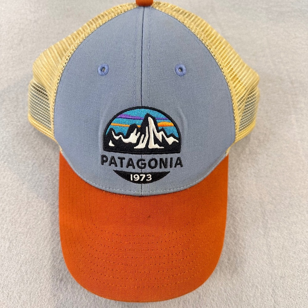 Patagonia Fitz Roy Horizon Trucker Hat Blue Orange Yellow Snapback Cap 1973 Logo